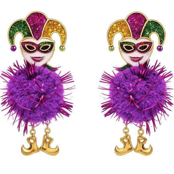Brandon+Shea Jewelry - Mardi Gras Jester Pom Pom Earrings | Glitter Enamel | Statement Drop